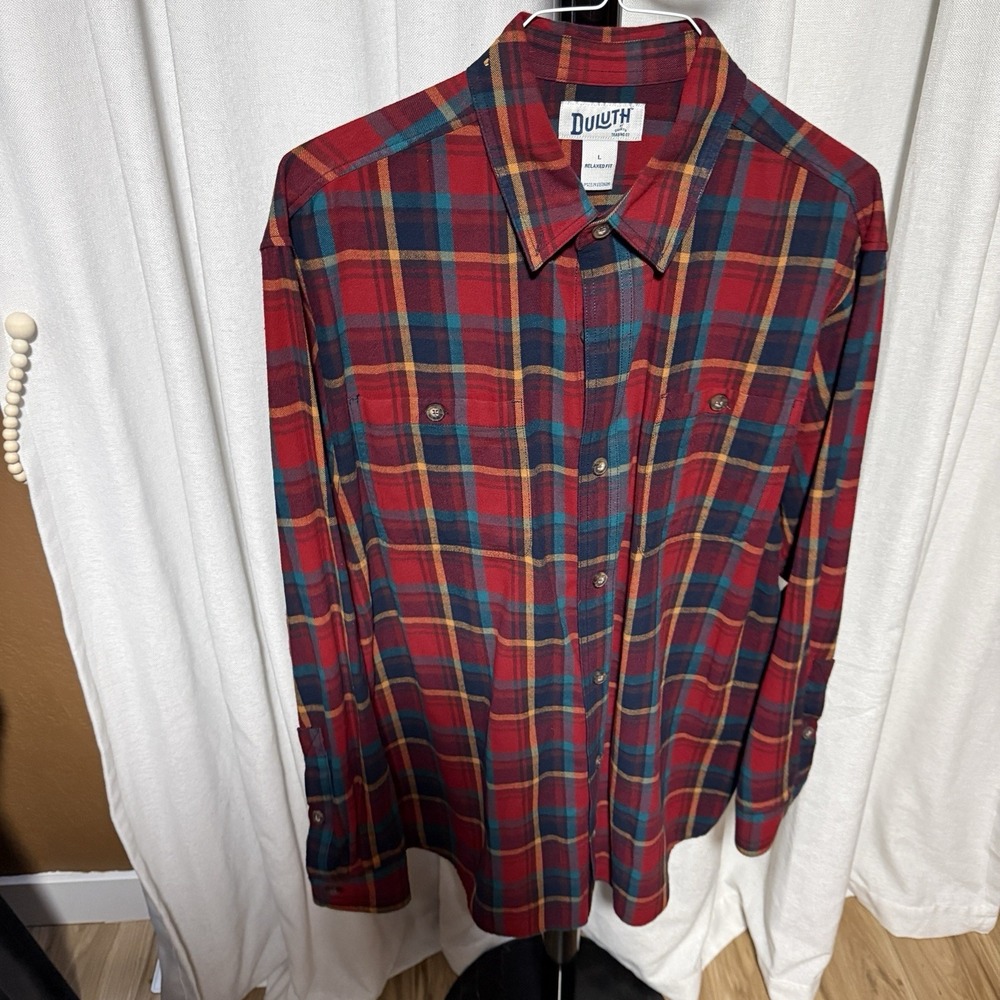 Duluth Trading Untucked Flannel Shirt L/S Men's L Tall Relaxed Red Multi Plaid - Picture 1 of 7